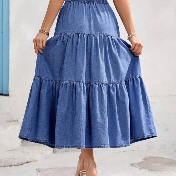Medium Wash Boho Women's Relaxed Elastic Waist Long Denim Skirt - Picture 2 of 6